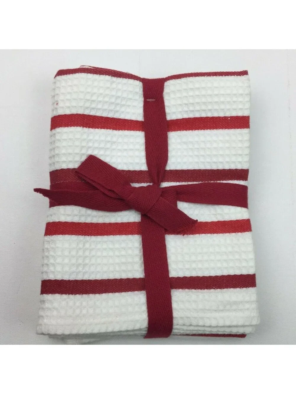 Red & White Waffle Weave Kitchen Dish Towels Set Of 2 Striped Design Gift Ready